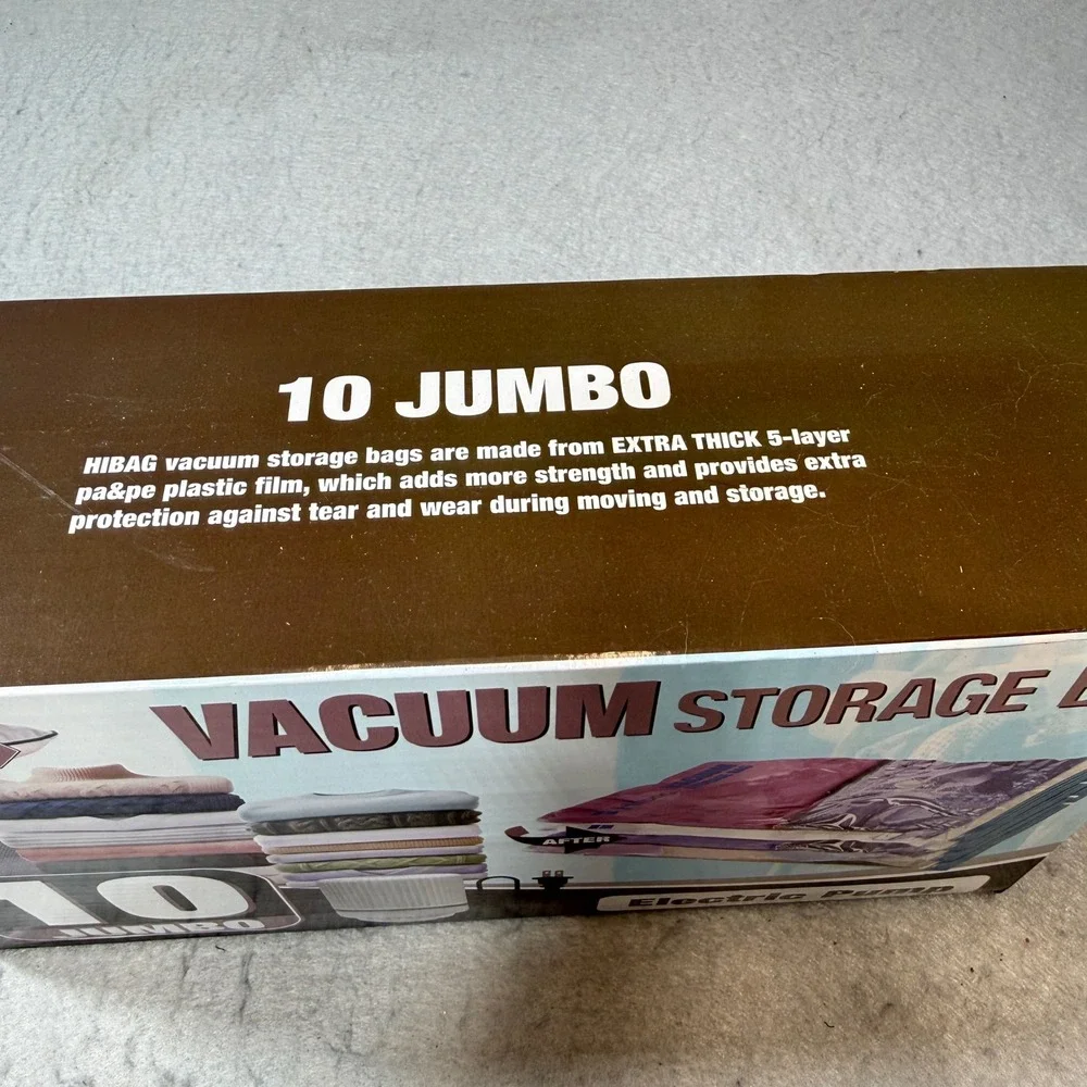Hibag Vacuum Storage Bags 10 Jumbo Pack with Electric Pump Clear Good Condition
